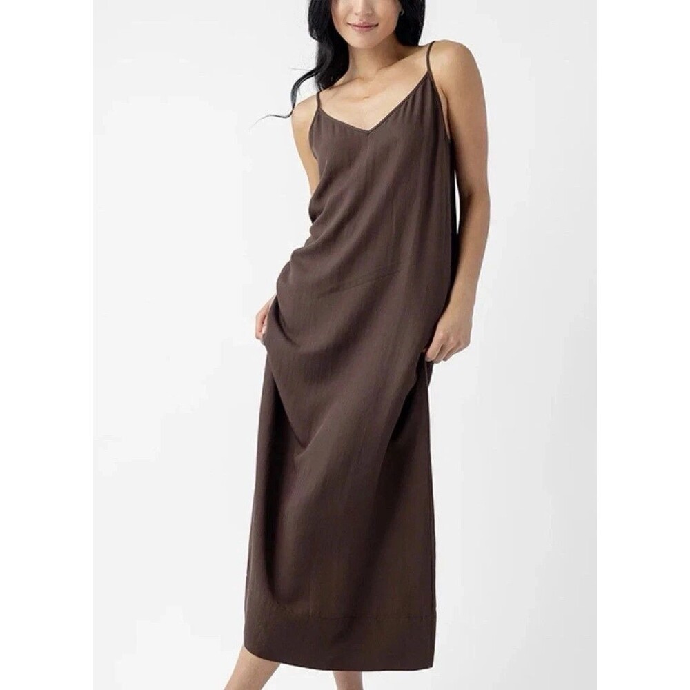 Cozy Earth Sunset Slip Midi Dress V-Neck Brown Quiet Luxury Boho Size large